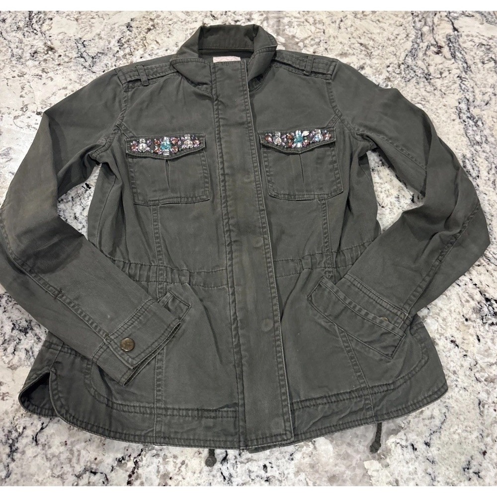 Candie's Jacket Women Olive Green Bejeweled Military Army Junior's XSm Y2K Shiny